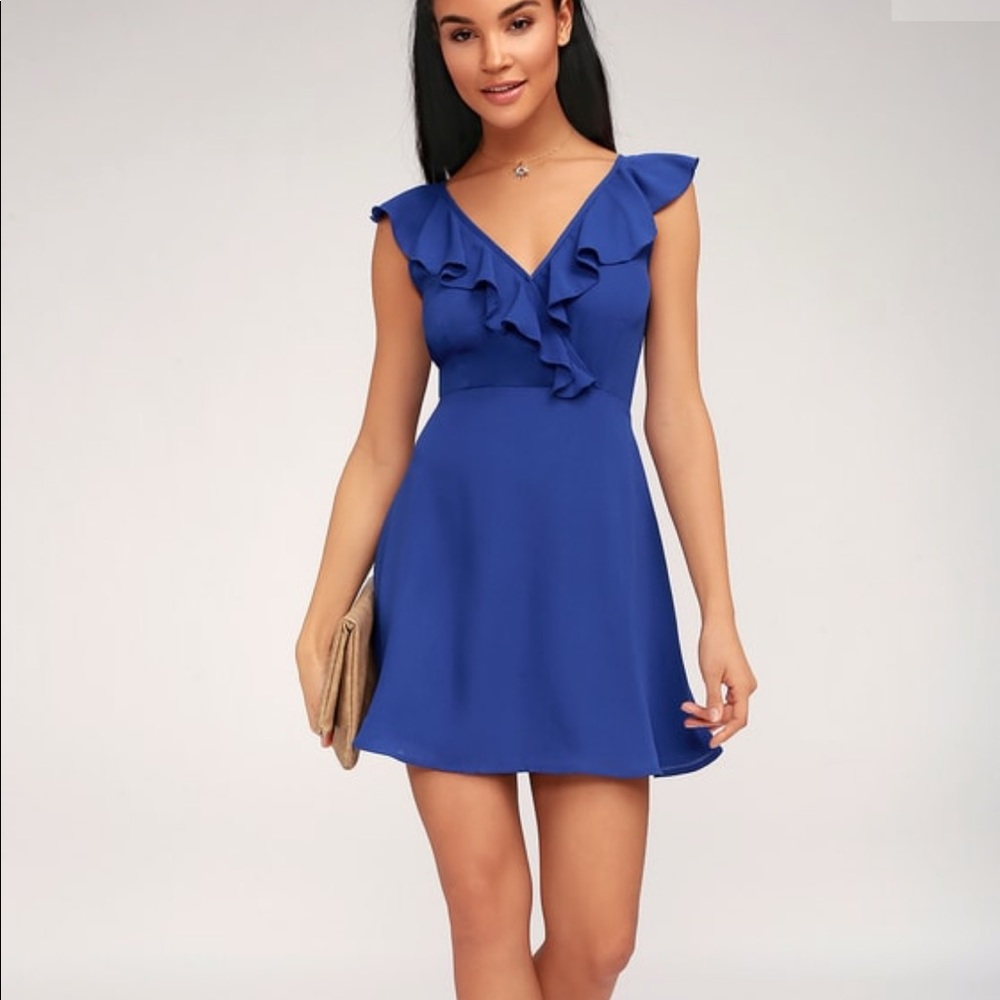 Lulus blue ruffled backless dress, size large